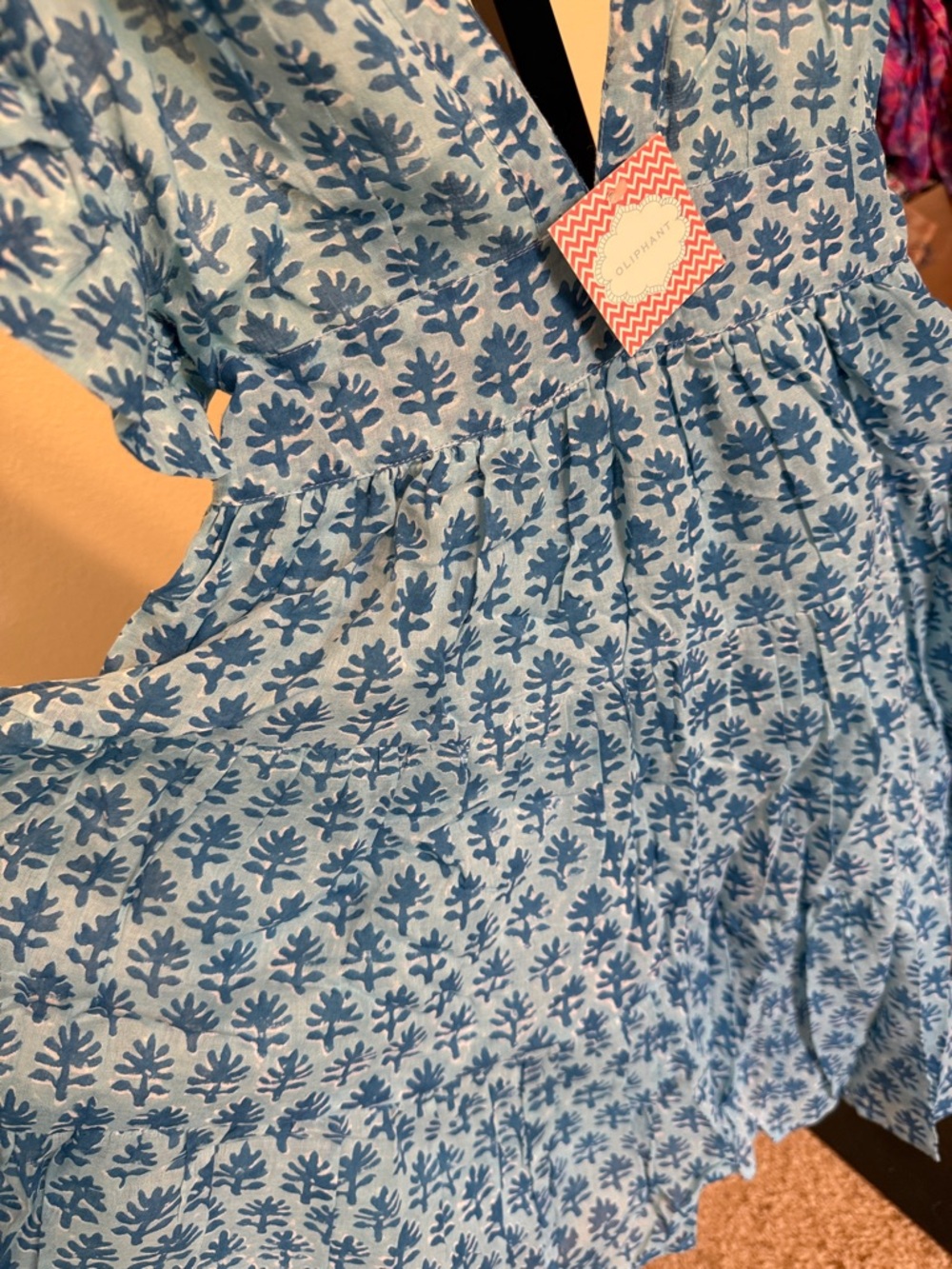Oliphant 🌹Blue Printed V-Neck Ruffle Mini Dress - Picture 10 of 16